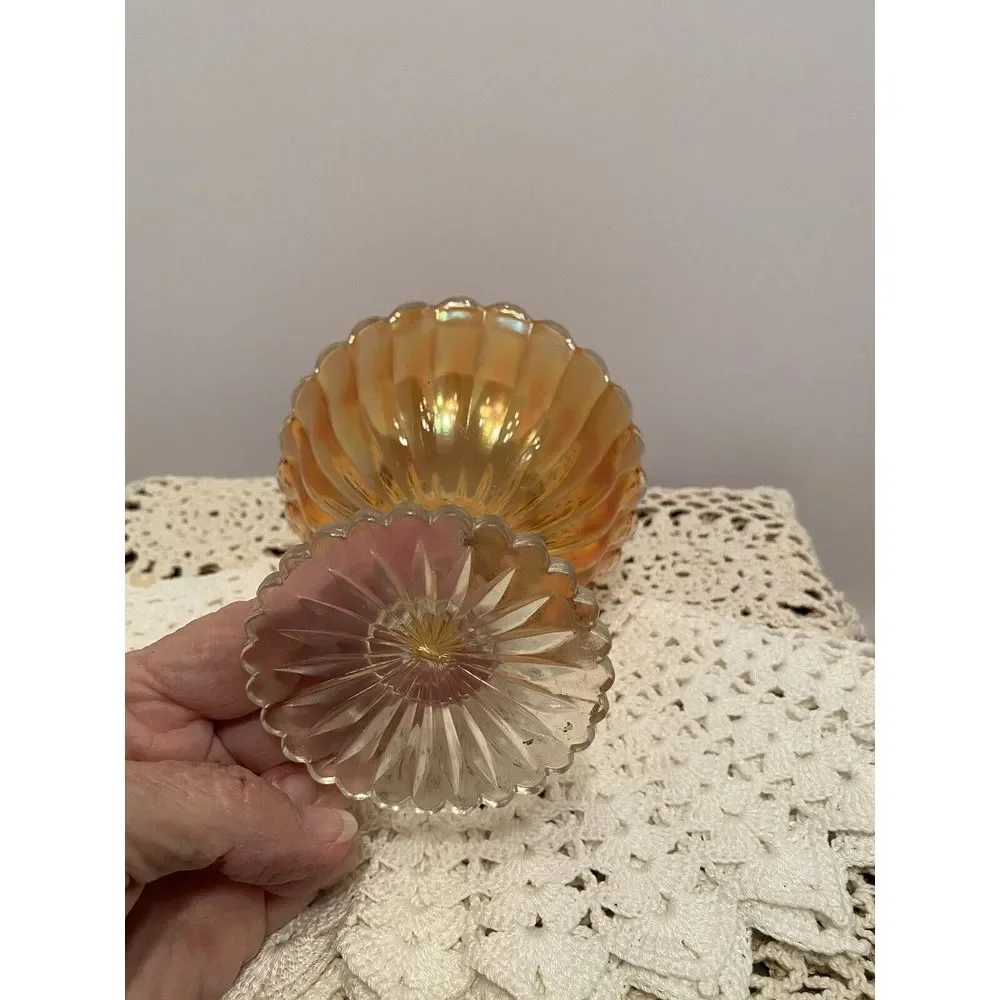 Vintage Iridescent‎ Marigold Glass Compote Footed RIBBED Scallop Edge Pattern 4